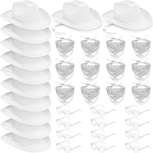 YFNVH 36 Stück Weiße Fasching Cowboy Hut Set – 12 Cowboyhut Damen mit Bandanas Sonnenbrillen, Verstellbarem Kordelzug, Karneval Kostüm Zubehör für Gruppen, Fasching, JGA, Party