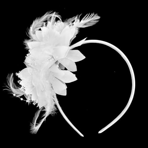 Vit Fascinator | Retro Vita Fascinatorer för Damer | Blommigt Fjäderhårband | fascinatorer för bröllopsgäster Maskeradbal