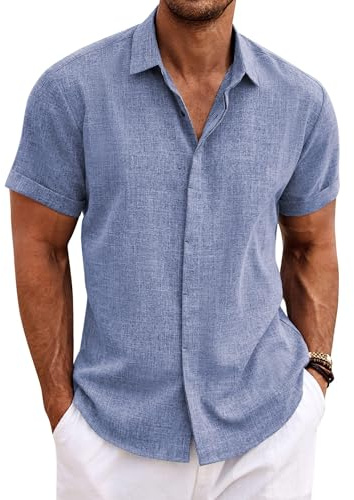 Cegerne Camicia di Lino Camicia da Uomo a Maniche Corte Button Down Regular Fit Camicie Casual Camicia Estiva in Lino da Spiaggia