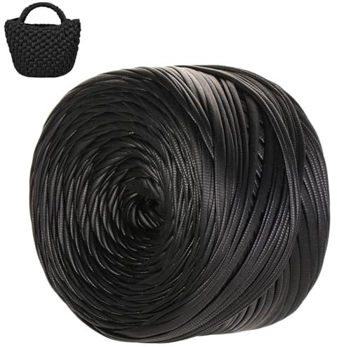 Fettuccia per Borse a Uncinetto, 200g/90m Aspetto Similpelle Filato Grosso in Poliestere Cordino per Borse Uncinetto, Filati per Borse Cestini Fai da Te Decorazioni (Nero)