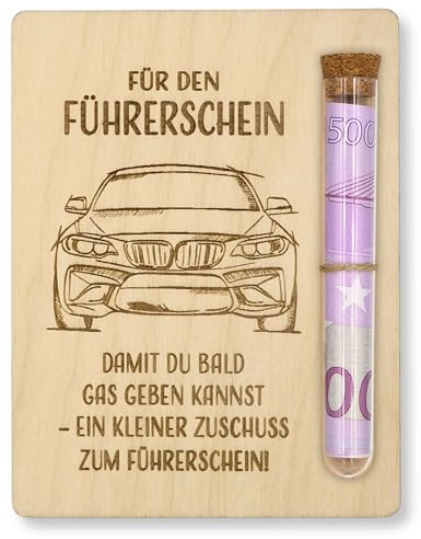 ZUKLA Verpackung für Geldgeschenke Führerschein Gutschein - 13 x 10 cm - mit Reagenzglas - Führerschein Geschenk - Geldgeschenk Verpackung Holz