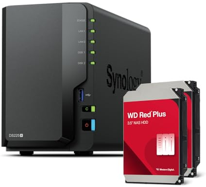 Synology DS225+ Bundle 20To Western Digital (WD Red Plus 2X 10To) Série 2-Bay Plus - Intel Celeron J4125 Quad-Core, 2 Go Non-ECC DDR4 SODIMM 1 x 2,5 GbE et 1 x 1 GbE RJ-45 Port LAN