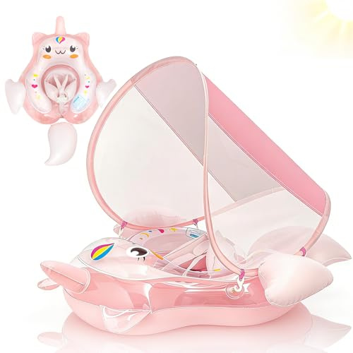 Baby Schwimmring mit UPF50+Sonnendach für ab 3-12 Monate,Rosa Einhorn Aufblasbare Schwimmtrainer Schwimmhilfe Babys mit verstellbare Schultergurte,Pool Schwimmringe Baby Schwimmhilfen für Kleinkinder