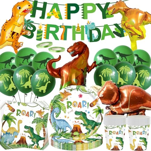 Dino Födelsedagsdekorationsset, 80 stycken dinosaurier festservis med stor dino folieballong partytillbehörsset, jura festservis dekoration, dinosaurie papperstallrik, koppar, ballong servettbanderoll
