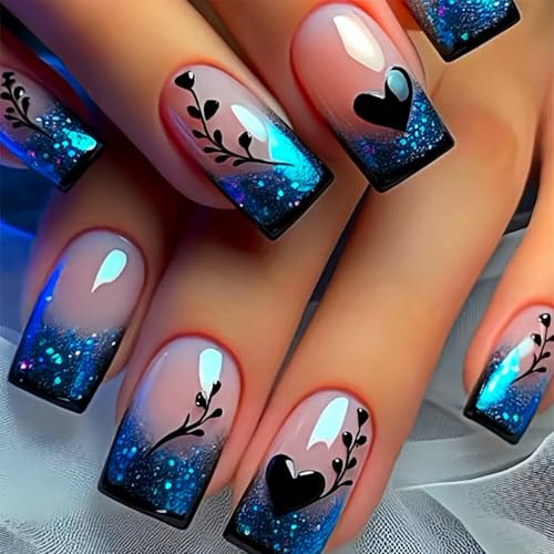 Tupenofif Press on Nails, Kurz Eckig & Künstliche Nägel, Blau Ombre Farbverlauf Herz & Ranken Design, Glänzend Glitzer Wiederverwendbar, Selbstklebend Maniküre Set 24Pcs