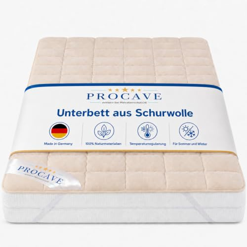 PROCAVE weiches Unterbett aus Schurwolle, atmungsaktiver Matratzen-Schoner, Matratzenbezug mit 4 Eckgummis,Matratzen-Auflage 90x220 cm