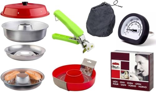 8-teiliges Spar-Set Camping Backofen: Backofen + Silikonform + Thermometer + Aufbackgitter + Tasche + Sun and Ice Haltegriff passend für Omnia Backofen