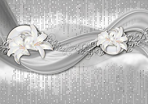 wandmotiv24 Fototapete abstrakte Lilien grau silber, L 300 x 210 cm - 6 Teile, Wanddeko, Wandbild, Wandtapete, Blume, Ornament, M0524