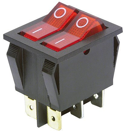 Interrupteur à bascule, 6 broches, bouton à bascule rouge, AC 250V / 15A, 2 positions: Marche/Arrêt.