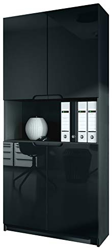 Vladon Büroschrank Logan V2, Made in Germany, Aktenschrank mit 5 Fächern und 4 Türen, Schwarz matt/Schwarz Hochglanz (82 x 184 x 37 cm)
