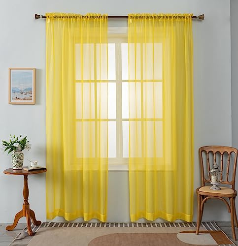 WPM Yellow Color Sheer Curtains 58 Wide x 84 Long 2 Panels Livingroom Window Treatment Rod Pocket Sheer Voile for Bedroom, Kitchen, Children Room Fully Stitched and Hemmed