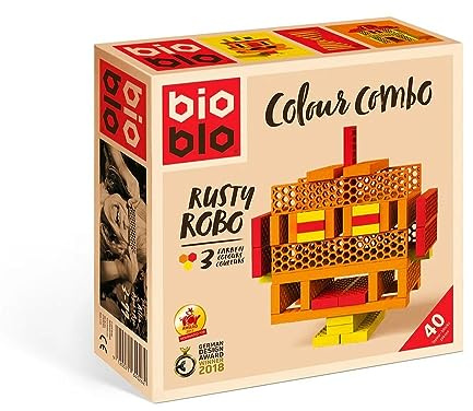 bioblo Mini Box Rusty Robo 40 Stück, Nachhaltige Bunte Bauklötze für Kinder ab 3 Jahren, Holzbausteine Kinderspielzeug, STEM Montessori Spielzeug für Stapel- & Balancierspiele