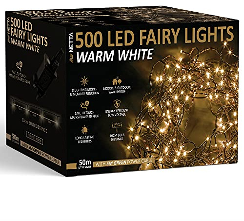 NETTA Christmas Tree Fairy Lights - 50M 500 LED Mains Powered, Waterproof Outdoor String Light, 8 Modes Plug in Lighting Outside Indoor & Outdoor Garden Xmas Decorations - Warm White