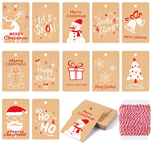 KUUQA 120Pcs Geschenkkarten Weihnachten Stichworte Festival Kraft Papier Karte für Weihnachten Geschenk Verpackung Etikett mit Hanging Seil