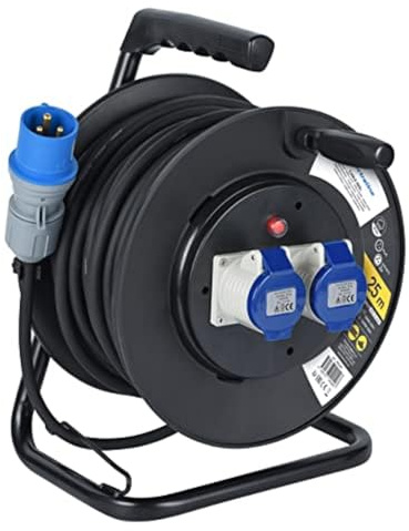 Electraline 49049 Kabeltrommel Industriel H07 RN-F 3G2,5 25 m Kabel - IP44 outdoor/Kabelrolle mit Gummiverlängerung, 2 Industrie-Kaltgerätesteckdosen 3-poliger Stecker geeignet für Camper, Camping