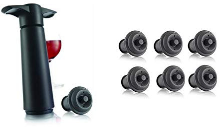 Vacu Vin Wine Saver - Black | 1 x Vacuum Pump + 1 x Vacuum Wine Stopper & 6 Piece Stopper for Wine, Grey