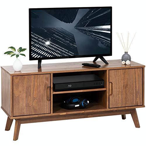 IDIMEX Meuble TV Tivoli Banc télé de 114 cm au Style scandinave Design Vintage Nordique avec 2 Portes et 2 niches, en pin Massif lasuré Brun foncé