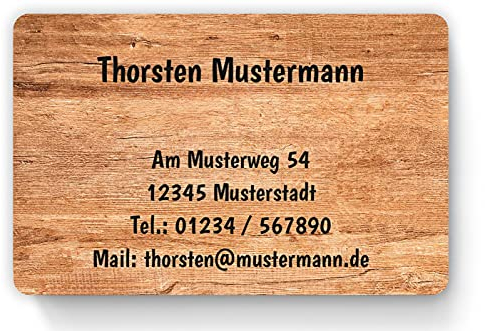 100 Visitenkarten, laminiert, beidseitig bedruckt, 85 x 55 mm, inkl. Kartenspender - Design Holz