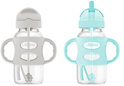 Dr. Brown's® Milestones™ - Bottiglia con cannuccia a collo largo con manici in 100% silicone, 270 ml, grigio e verde, confezione da 2, dai 6 mesi in su