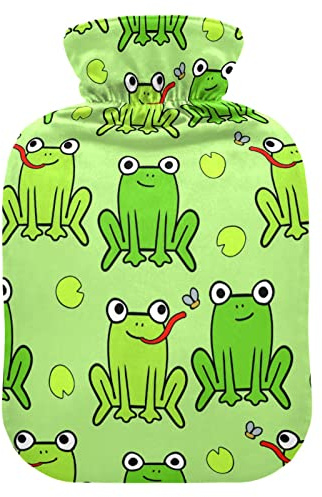 YOUJUNER Wärmflasche mit Grüner Frosch-Muster Bezug, Groß 2 Liter Heißwasserbeutel Heißwasserbeutel Bettflasche