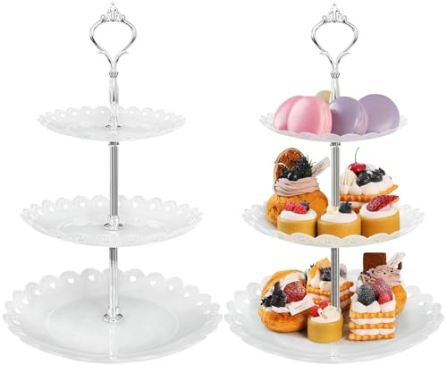 WenYa 2 Pack 3 Tier Plastic Dessert Stands, Round Plastic Cake Stands Stand Tray Display for Afternoon Tea Party Wedding Party
