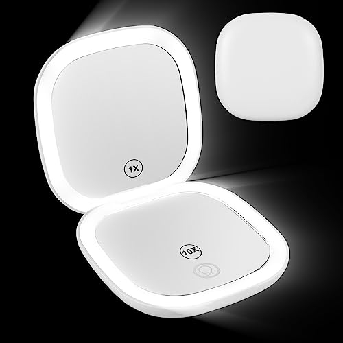 Taschenspiegel klein, Schminkspiegel von beiden Seiten mit Beleuchtung, LED Vergrößerungsspiegel mit Vergrößerung 1-fach/10-fach, 3 dimmbare Lichtfarben,Wiederaufladbar,Klappbar für Kosmetik (Weiss)