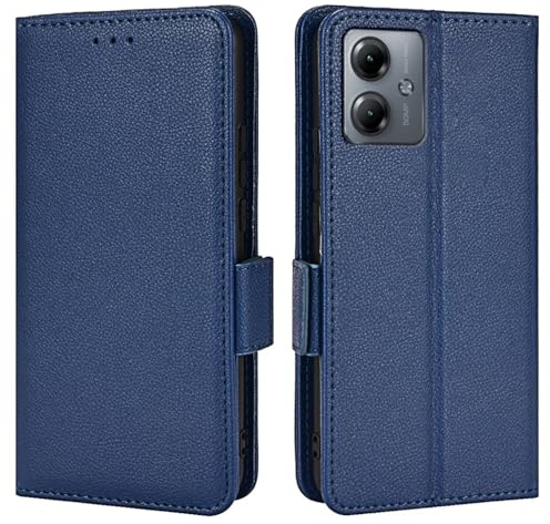 Topme Estuche de Cuero para Motorola Moto g14 (6.5 Inches), [ Funda para Teléfono de la Serie con Patrón de Lichi Simple] - Azul Oscuro