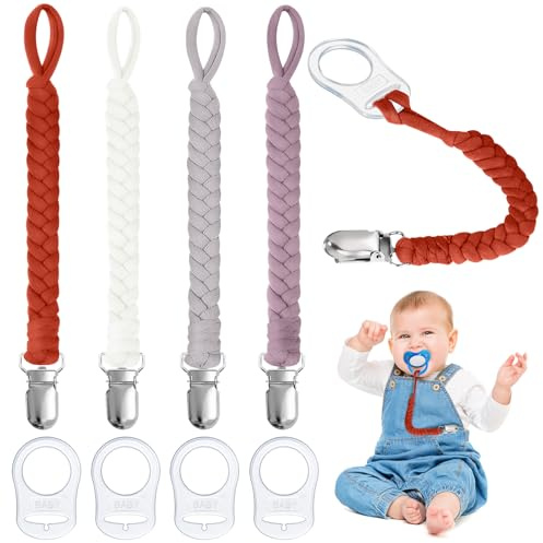 Aolso Nyckelband, 4 st nappkedja med 4 delar adapterring, flätad stil bomulls-nappkedja, för födelsegåva baby födelsedag jul-grå