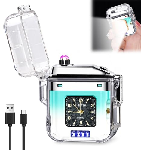 Mechero electrónico USB – Mechero de plasma, encendedor eléctrico con función de iluminación LED y reloj, resistente al viento, con indicador de batería, encendedor de tormentas para cocina, chimenea,