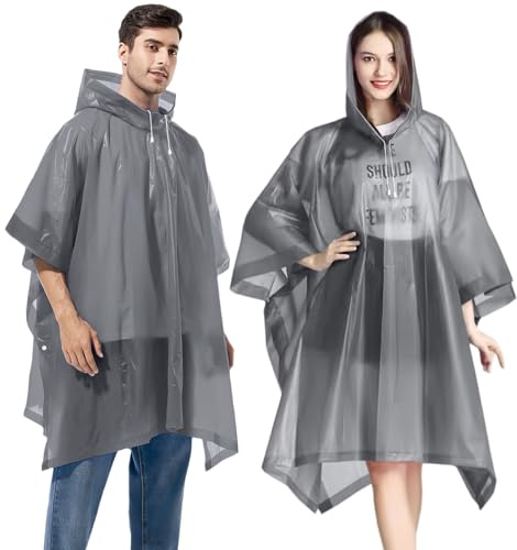 Gerhannery 2Pcs Poncho Pluie Imperméable, Réutilisable Cape de Pluie avec Capuche, Poncho de pluie pour Homme Femme (FR/ES, Alpha/lettres, Taille unique, Grande taille, Taille normale, 2, Noir) (Gris)