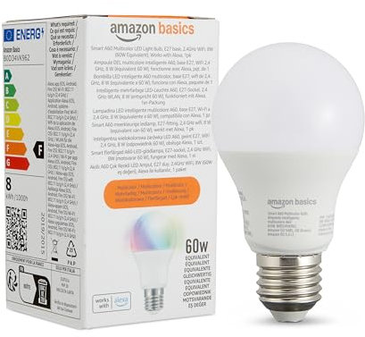 Amazon Basics Smarte LED-Glühbirne, farbenwechselnd, E27, 8W (entspricht 60W), funktioniert nur mit Alexa, 1 Stück, Mehrfarbig
