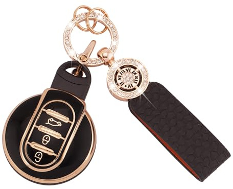 Autoschlüssel Hülle für BMW MINI Zubehör 3 Tasten TPU Schlüsselhülle | für Mini Cooper F54 Clubman F55 F56 F57 F60 Countryman Schlüsselcover Schlüssel Hülle mit Schlüsselanhänger Schwarz Gold