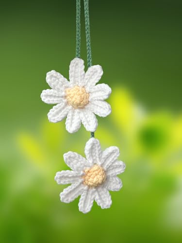 KIAYOO Pendentif de Rétroviseur de Voiture Marguerite Tricotée, Décoration Voiture Mignonne pour Rétroviseur, Accessoire Intérieur Voiture Cadeau d'Anniversaire Noël Nouvel An pour Filles Femmes Amies
