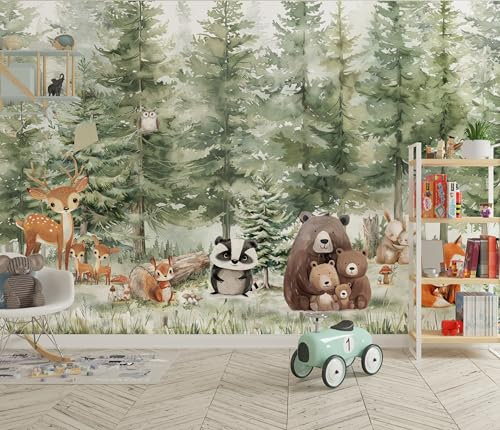 madras24 Papier peint photo animaux de la forêt pour chambre d'enfant, papier peint pour enfants, arbres, décoration murale, papier peint sur mesure aquarelle