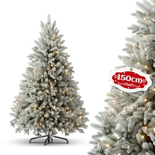 Kuro sagol Weihnachtsbaum mit Schnee 150cm Künstlicher Tannenbäume, 400 Spitzen Metallständer Christbaum für eine realistische Festtagsdekoration