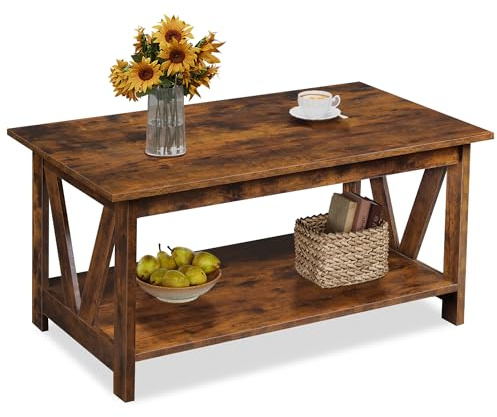 WLIVE Mesa de Centro Rectangular Madera con Compartimento Abierto y Soportes en X. Mesa de Centro para Sala de Estar y Dormitorio. Vintage marrón-Negro.