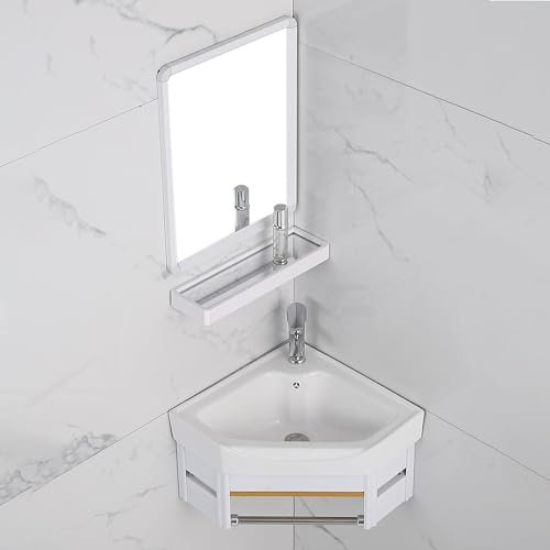 YUGXTH Lavabo Bagno Angolare, Lavabo in Ceramica, Mobile da Bagno con Montaggio a Parete, Lavandino da Bagno con Portasciugamani e Specchio, per La Cucina e La Casa(38cm/14.9in)