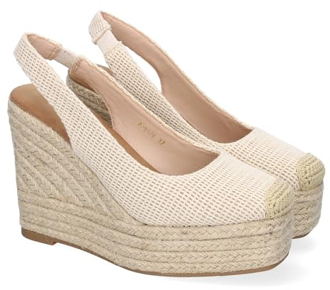 shoes&blues.es 91912 Sandalia de Cuna de Yute para Mujer, Comodas y Elegantes, Diseno de Pala Cerrada con Detalles Bordados y Cierre Elastico, Ideales para Primavera-Verano. Beige Talla 38