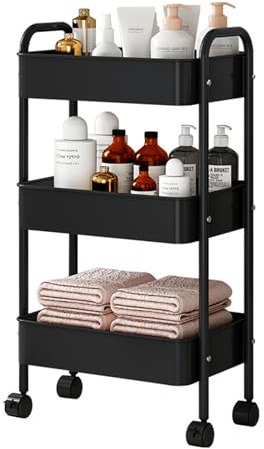 Braozaiw Metal material storage cart, 3-tier trolley cart, storage trolley, equipped with additional hanging cups and hooks, suitable for kitchen, bathroom, office, living room (3 tier Black)