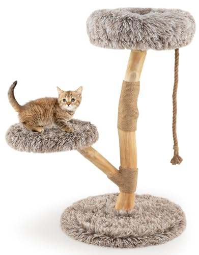 COSTWAY 90 cm Kratzbaum Holz, Katzenbaum mit 3 Plüschsitzflächen, Seil & Kratzpfosten aus Jute, Katzenturm Katzenmöbel Massivholz, Katzenkratzbaum Kletterbaum Katzen, Braun+Natur