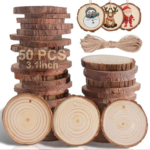 Fayavoo 50 Stücke Holzscheiben zum Basteln mit Rinde, 6-8cm Runde Naturholz | 5MM Baumscheiben Klein, Mit 3M Jutanseil, Vorbohrlöcher, Oberfläche Glatt & Trocken, Kleine Baumstamm für Weihnachtsschmuck