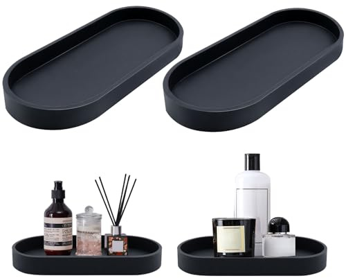 Chuanhylis 2 Stück Badezimmer Tablett, Schwarz Deko Tablett, Oval Schminktisch Ablageschale, Dekotablett Schwarz Silikon für Wohnzimmer, Schlafzimmer, Waschbecken, Badewanne
