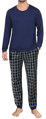 Ekouaer Mens Pyjamas Set Long Sleeve Cosy Pjs Sets Tartan 2 Piece Jersey Nightwear with Pocket and Cuffs Crew Neck Lounge Pajamas Pijamas Sleepwear