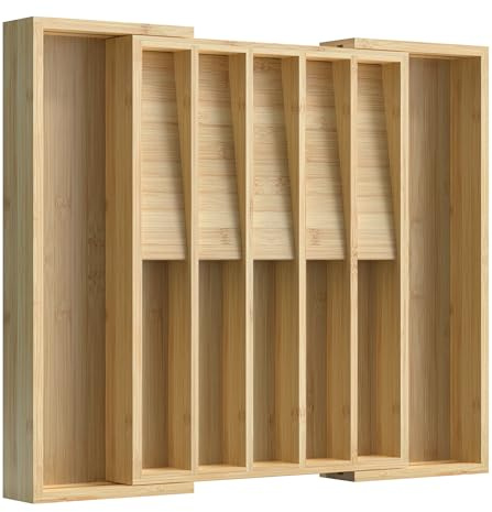 WELL WENG Besteckkasten für Schubladen,Verstellbarer Utensilienhalter | 42,5x50,8x5cm, Vertikale Aufbewahrung,12 Fächer,Besteckeinsatz Gabeln und Messer,Schubladeneinsatz Küche,Bambus