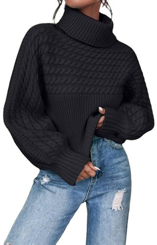 Cable Knit Jumper Women Oversized Polo Neck Knitted Jumper Autumn Winter Pullover Turtleneck Sweaters Chunky Knit Thermal Sweaters Dressy Casual Roll Neck Knitwear,Black,M