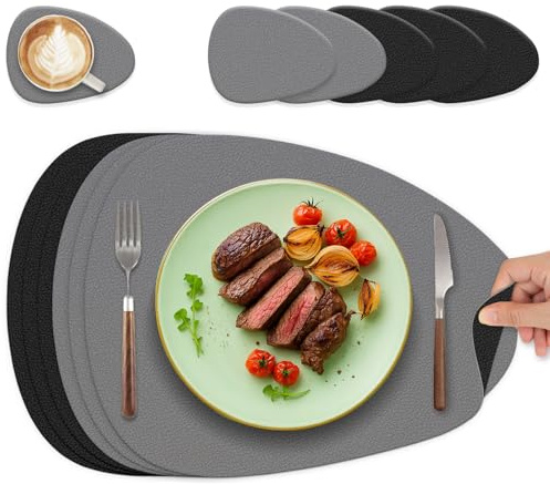 HELI MIAO Tischsets Abwaschbar 6er Set - Doppelseitige Platzsets, Platzdeckchen mit Untersetzer aus Lederoptik, wasserdichte als Tischunterlage für Ihren Esstisch - Oval in Schwarz+Grau