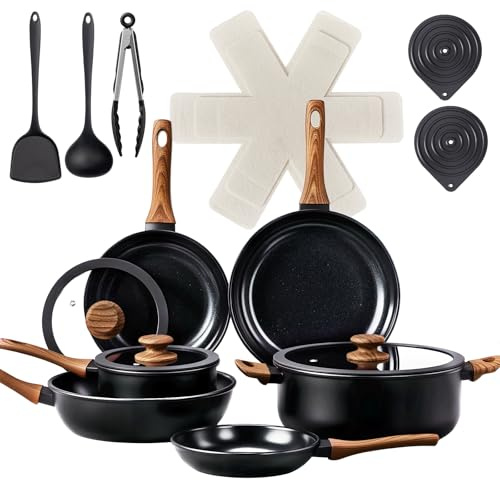 LEADZM Keramik Topfset Induktion，Pfannenset，Kochtopf Set | mit Deckel，Induktions Töpfe Set，20-Teilig，Alle Herde kompatibel, PFOS/PFOA frei（Noir+Natur）