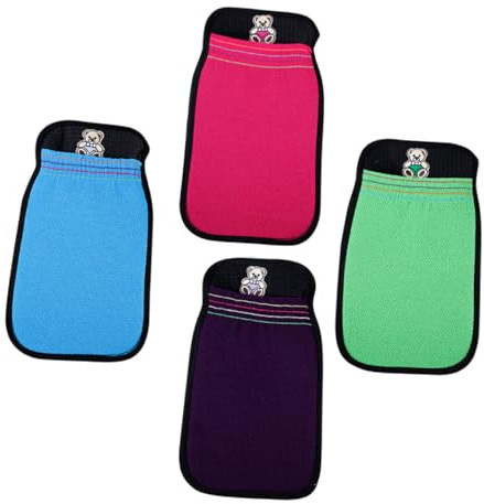 FIXOSHEE 4pcs Double-layer Bath Scrubber Mitts Exfoliating Bath Body Exfoliator Mitts for Shower Skin Cleaning Comfortable Skin Scrubber Gloves in Purple Green Blue and Rose Red
