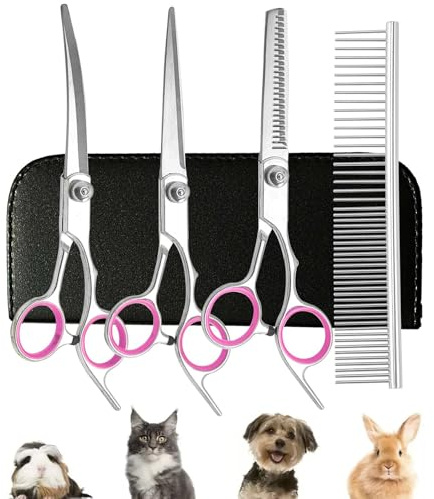 Pet Grooming Scissors Set 4 Pieces,Stainless Steel Dog Grooming Scissors Curved Used for Dog Cat and More Pets - with 6.8in Cutting ScissorsThinning Shear, Curved Scissors, Grooming Comb