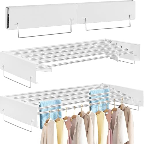 FREEAMG Wäscheständer Wandmontage, 80CM Klappbarer Wandtrockner mit Fünf Edelstahl-Kleiderstangen, Wäscheständer Wand mit 4M Trockenlänge, 25 KG Tragkraft,für Drinnen oder Draußen (Weiß)